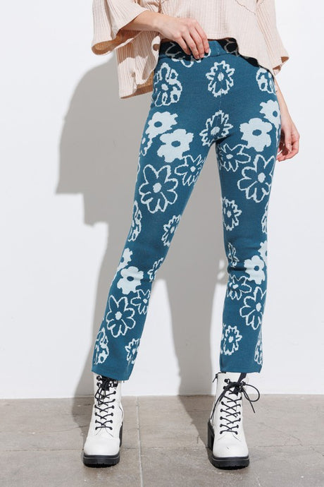 Dark Teal Daisy Print Sweater Knit Pants