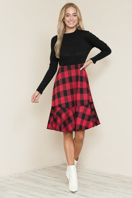 Black/Red Plaid And Solid Rib Matched Dress