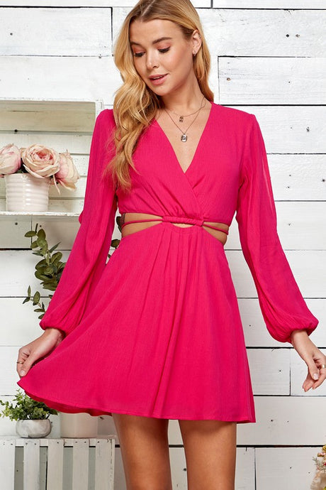 Fuchsia Cutout Open Sleeve V-neck Dress
