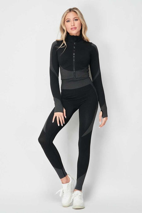 Charcoal Honey Comb Active Cropped Jacket Leggings Set