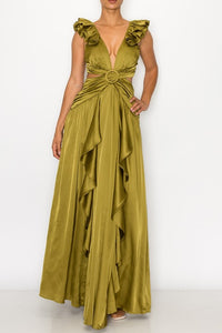 Solid Satin Ruffle Sleeve Gown