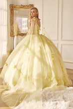 Yellow Long Tulle Cape With 3d Flowers Applique Quinceane