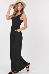 Black Sleeveless Maxi Dress With Empire Waist Shirring And Pockets