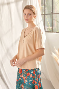 Sand Slub Knit Jersey Top With Button Up Detail