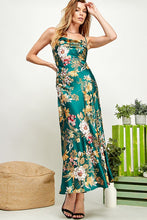 Emerald Green Floral Print Satin Slit Open Back Dress