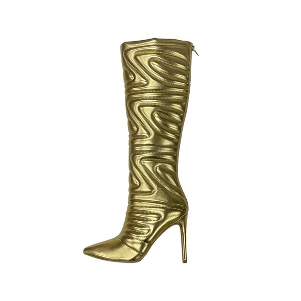 Gold Curvy Quilted Pu Boot Skinny High Heel