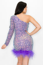 Purple One Shoulder Feather Sequin Long Sleeve