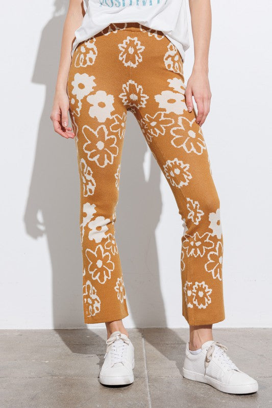 Mustard Daisy Print Sweater Knit Pants