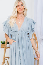 Misty Blue Deep V Neck Ruffle Maxi Dress