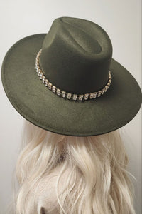 Olive Rhinestone Trim Panama Fashion Hat Fedora Hat