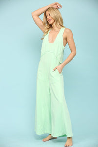 Mint Cotton Sleeveless Detail Line Wide Jumpsuit