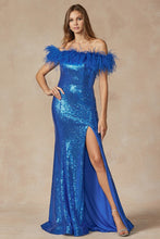 Royal Blue Feather Neckline Off The Shoulder And High Slit Dress