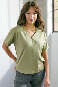 Olive Slub Knit Jersey Top With Button Up Detail