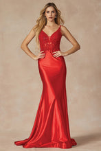 Red Embroidered Bodice Plunging Neck Prom Dress