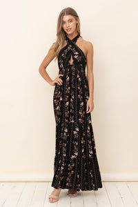 Black Floral Maxi Dress With Ruffle Details