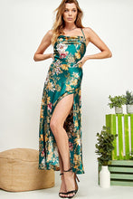 Emerald Green Floral Print Satin Slit Open Back Dress