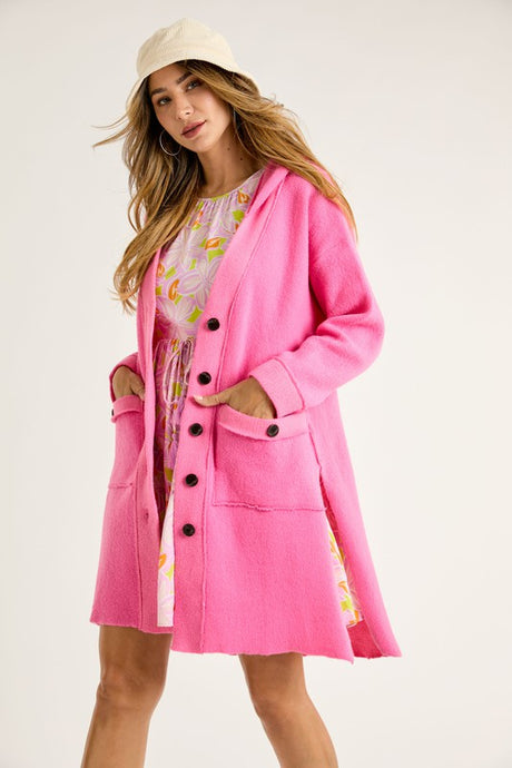 Pink Mid Length Hoodie Button Down Cardigan