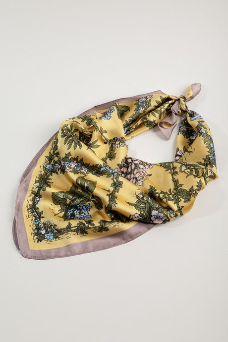 Mustard Floral Printed Silky Bandana Scarf
