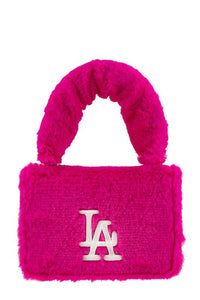 Hot Pink La Embroidery Fuzzy Fur Textured Crossbody Bag
