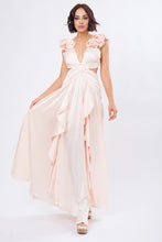 Champagne Solid Satin Ruffle Sleeve Gown