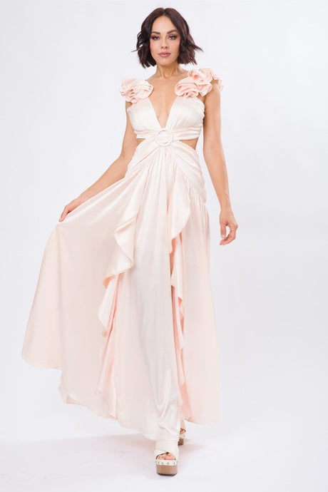 Champagne Solid Satin Ruffle Sleeve Gown