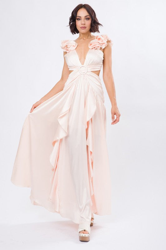 Champagne Solid Satin Ruffle Sleeve Gown