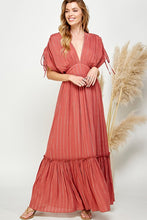 Copper Ruched Tiered V Neck Lurex Insert Maxi Dress