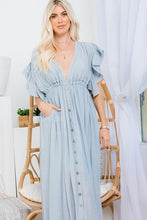 Misty Blue Deep V Neck Ruffle Maxi Dress