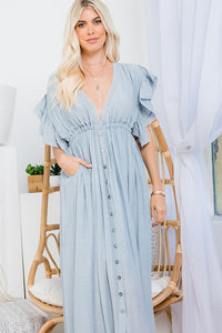 Misty Blue Deep V Neck Ruffle Maxi Dress