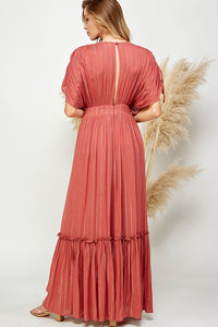Copper Ruched Tiered V Neck Lurex Insert Maxi Dress