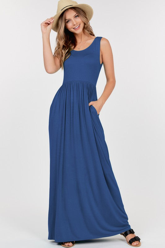 Blue Sleeveless Maxi Dress With Empire Waist Shirring And Pockets