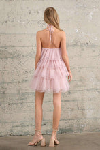 Nude Halter Neck Tulle Ruffle Mini Dress