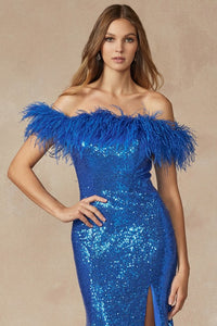 Royal Blue Feather Neckline Off The Shoulder And High Slit Dress