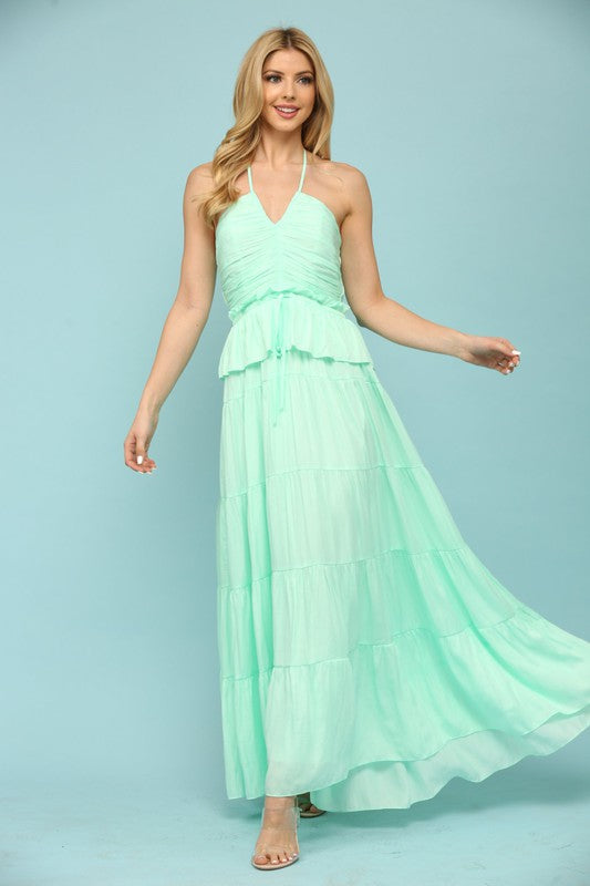 Mint Shiny Woven Halter Neck Strap Key Hole Front Midi