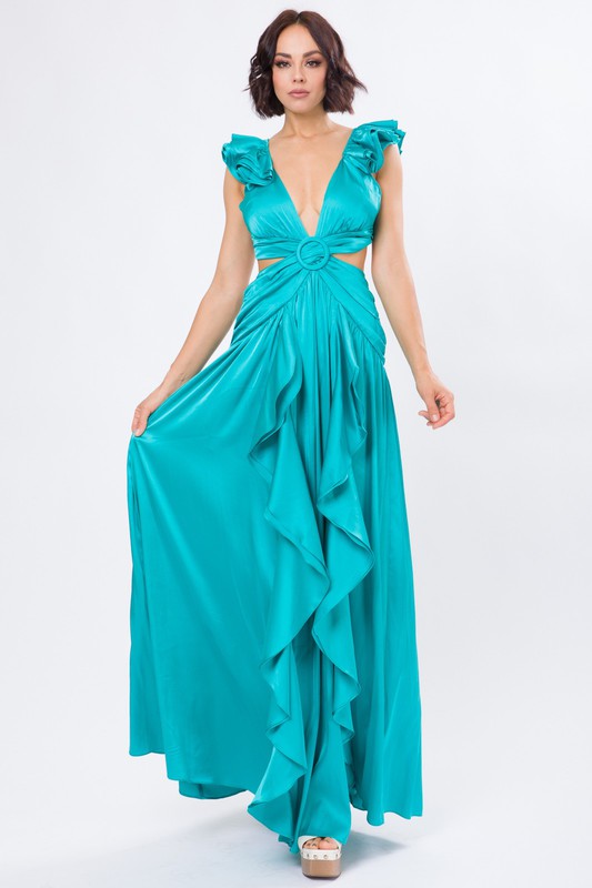 Solid Satin Ruffle Sleeve Gown