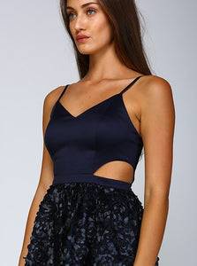 Navy Rosette Faux Leather Cutout Dress