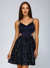 Navy Rosette Faux Leather Cutout Dress