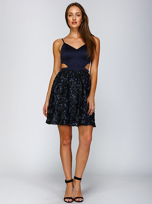Navy Rosette Faux Leather Cutout Dress