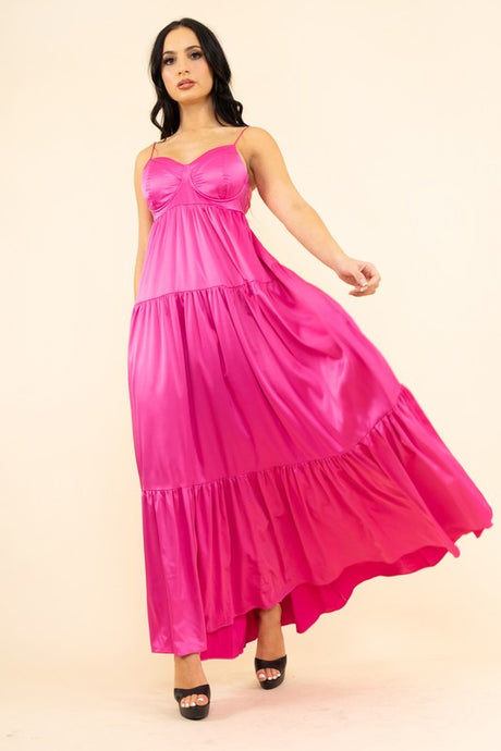Fuchsia Strech Satin Solid Back Open Long Dress