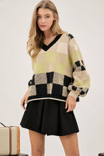 Black V Neck Plaid Cropped Sweater