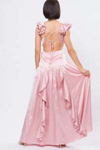 Blush Pink Solid Satin Ruffle Sleeve Gown