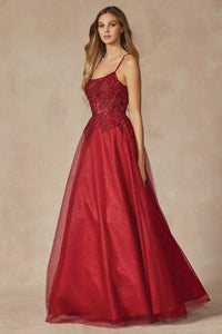 Burgundy Leaf Lace Gown With Corset Bodice Prom Gown