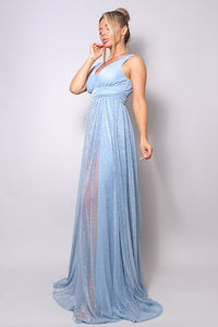 Light Blue Sleeveless Deep V Glitter Ice Queen Maxi Dress