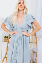 Misty Blue Deep V Neck Ruffle Maxi Dress