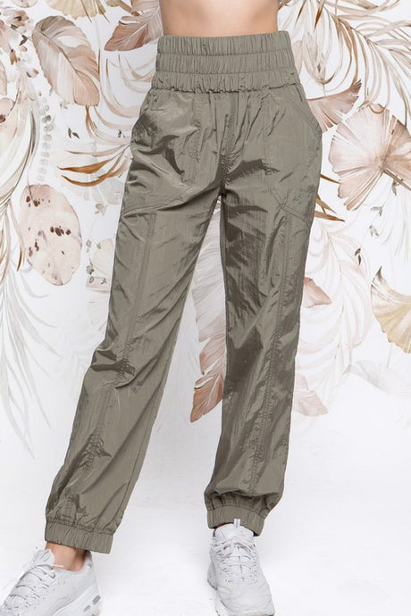 Olive Wide Smocking Waist Band Active Parachute Jogger