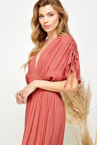 Copper Ruched Tiered V Neck Lurex Insert Maxi Dress