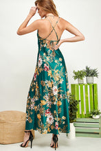 Emerald Green Floral Print Satin Slit Open Back Dress