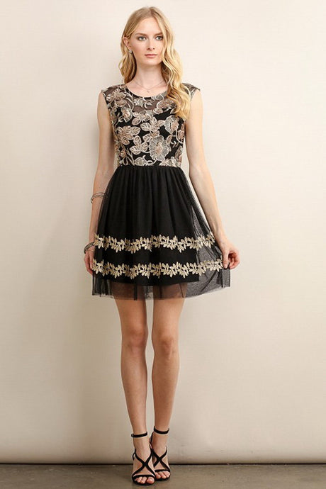 Golden Leaf Embroidered Mesh Short Dress