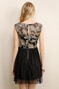 Golden Leaf Embroidered Mesh Short Dress