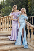 Light Purple Feather Neckline Off The Shoulder And High Slit Dress